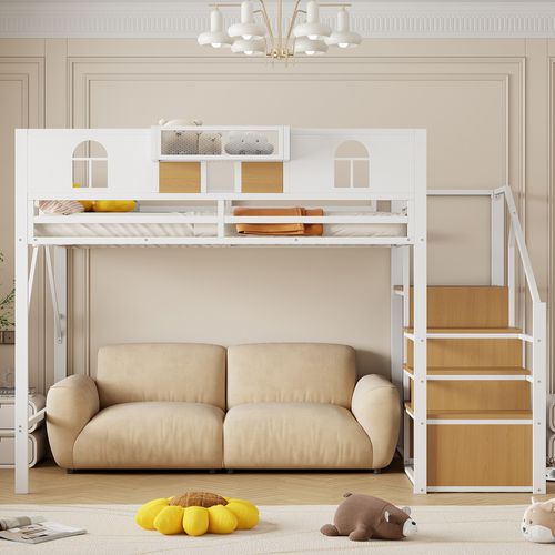 Lit Mezzanine Métal 140x200 Cm Blanc Avec Échelle De Rangement, Étagère Et Espace Modulable