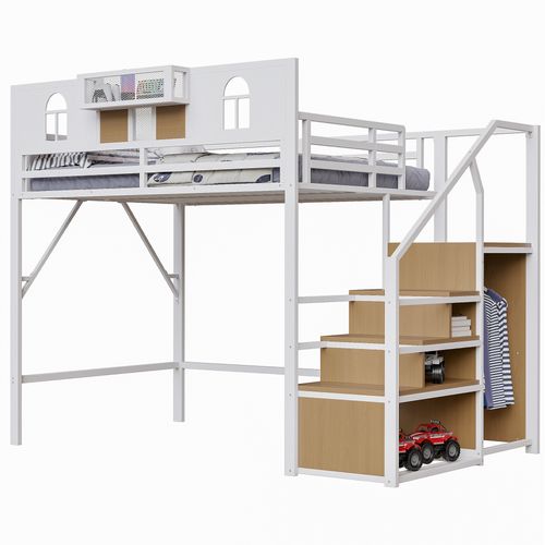 Lit Mezzanine Métal 140x200 Cm Blanc Avec Échelle De Rangement, Étagère Et Espace Modulable