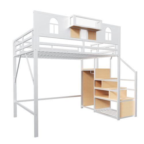 Lit Mezzanine Métal 140x200 Cm Blanc Avec Échelle De Rangement, Étagère Et Espace Modulable