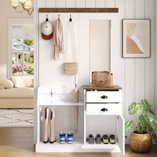 Vestiaire Haut,2 Tiroirs,1 Porte,avec Miroir,crochet,design Polyvalent，aggloméré，blanc