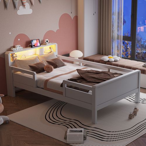 Lit Enfant90x200cm,lit Simple,tête De Lit Avec Rangement,led,usb,bois+mdf,blanc