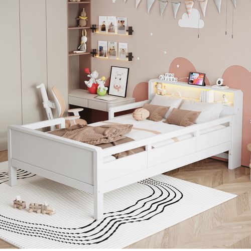 Lit Enfant90x200cm,lit Simple,tête De Lit Avec Rangement,led,usb,bois+mdf,blanc
