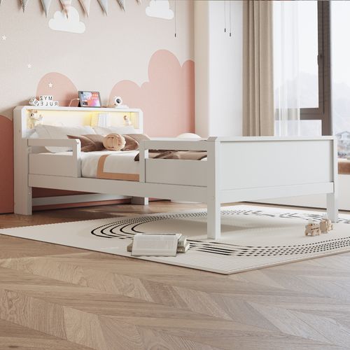 Lit Enfant90x200cm,lit Simple,tête De Lit Avec Rangement,led,usb,bois+mdf,blanc