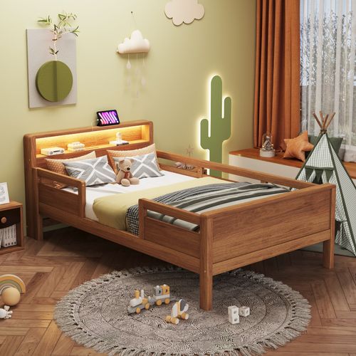 Lit Enfant90x200cm,lit Simple,tête De Lit Avec Rangement,led,usb,naturel,bois+mdf,bois