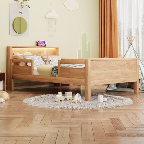 Lit Enfant90x200cm,lit Simple,tête De Lit Avec Rangement,led,usb,naturel,bois+mdf,bois