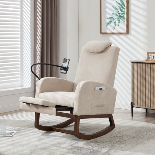 Fauteuil à Bascule, Poche De Rangement, Support De Téléphone, Repose-pieds, Lin, Mousse, Beige