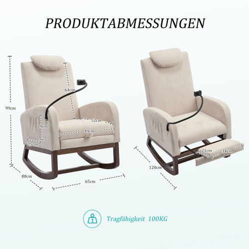 Fauteuil à Bascule, Poche De Rangement, Support De Téléphone, Repose-pieds, Lin, Mousse, Beige