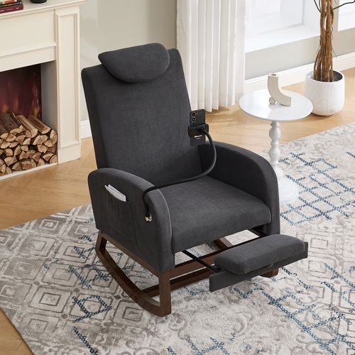 Fauteuil à Bascule, Poche De Rangement, Support De Téléphone, Velours Côtelé, Mousse, Gris