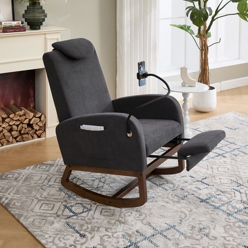 Fauteuil à Bascule, Poche De Rangement, Support De Téléphone, Velours Côtelé, Mousse, Gris