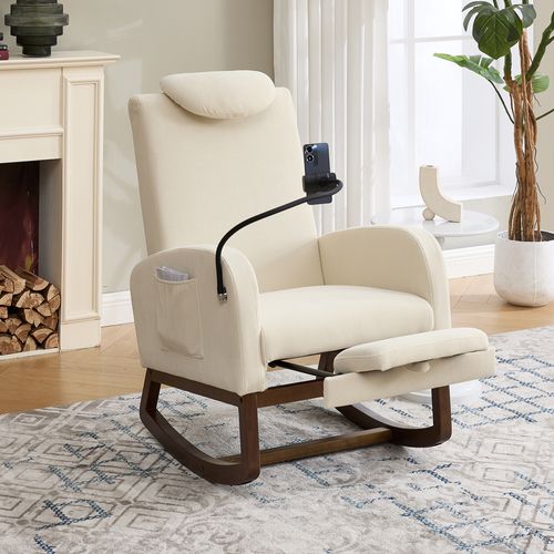 Fauteuil à Bascule, Poche De Rangement, Support De Téléphone, Velours Côtelé, Mousse, Beige