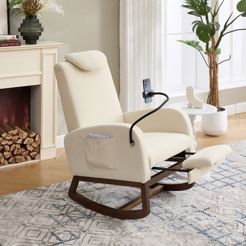 Fauteuil à Bascule, Poche De Rangement, Support De Téléphone, Velours Côtelé, Mousse, Beige
