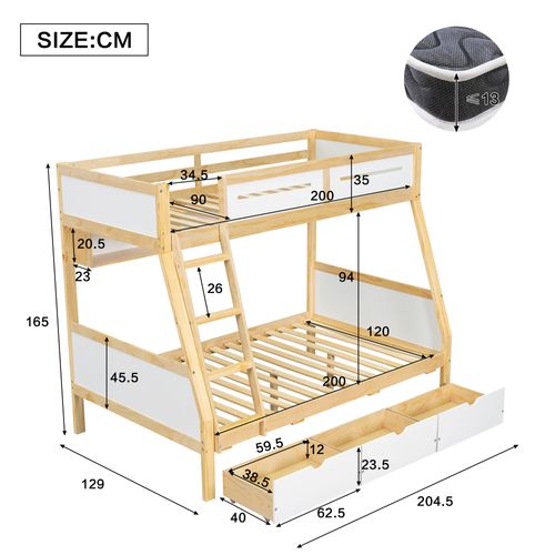 Lit Superposé Enfant 90/120x200 Cm Avec 3 Tiroirs, Rangement Et Étagère Livres, Blanc Et Bois