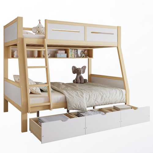 Lit Superposé Enfant 90/120x200 Cm Avec 3 Tiroirs, Rangement Et Étagère Livres, Blanc Et Bois