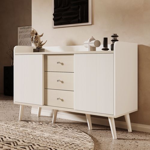 Buffet Moderne 117,5x39,5x79cm, 2 Portes, 3 Tiroirs Avec Séparateurs Réglables, Blanc