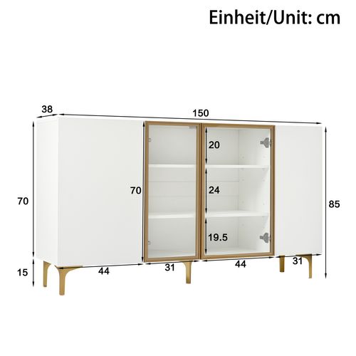 Buffet Blanc Élégant 150x38x85cm, 4 Portes Asymétriques Avec Séparateurs Intérieurs Réglables