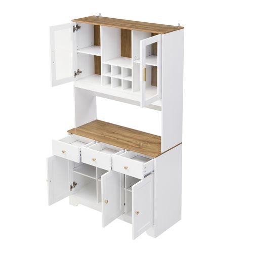Buffet Haut 94,5 X 40 X 175,5 Cm, Cinq Portes, Trois Tiroirs Et Compartiments Ouverts, Blanc