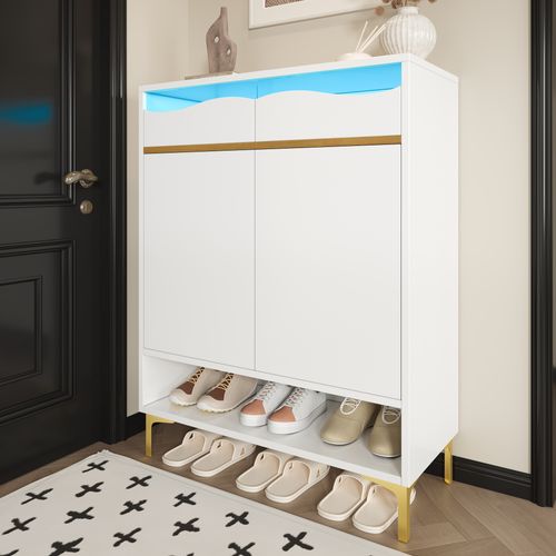 Meuble à Chaussures Moderne Blanc 80x35x105cm, LED, 2 Tiroirs, 2 Portes, Avec Séparateurs Réglables