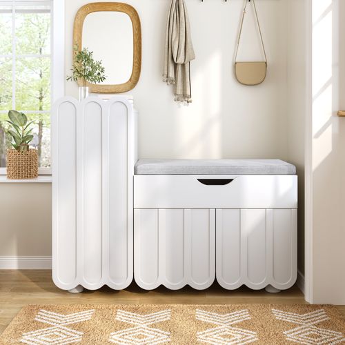 Meuble à Chaussures Moderne 90x35x74,5cm, 3 Portes, 1 Tiroir, Avec Coussin, Blanc