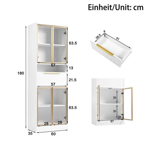 Vitrine Moderne 60x35x180cm Avec LED 16 Couleurs, Avec 4 Portes Vitrées, 1 Tiroir Et 1 Niche, Blanc