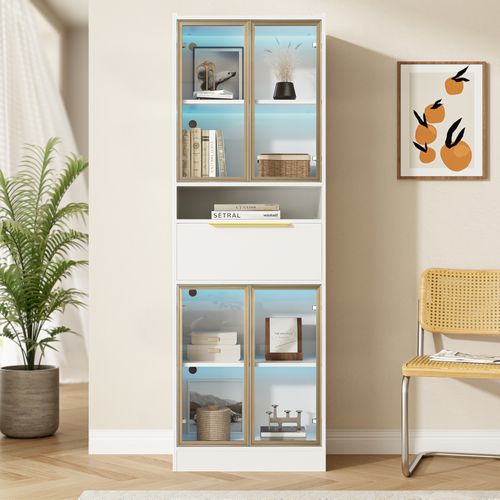 Vitrine Moderne 60x35x180cm Avec LED 16 Couleurs, Avec 4 Portes Vitrées, 1 Tiroir Et 1 Niche, Blanc