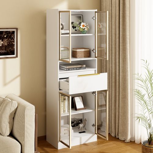 Vitrine Moderne 60x35x180cm Avec LED 16 Couleurs, Avec 4 Portes Vitrées, 1 Tiroir Et 1 Niche, Blanc