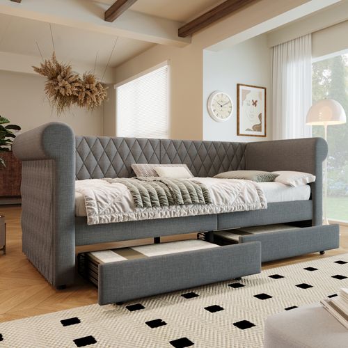 Lit 90x200cm,lit Simple,2 Tiroirs,motif En Losanges,avec Accoudoirs Et Dossier,lin,gris