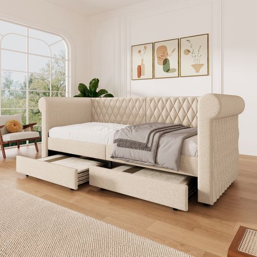 Lit 90x200cm,lit Simple,2 Tiroirs,motif En Losanges,avec Accoudoirs Et Dossier,lin,beige