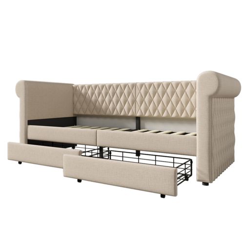 Lit 90x200cm,lit Simple,2 Tiroirs,motif En Losanges,avec Accoudoirs Et Dossier,lin,beige