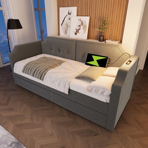 Lit 90x200cm,lit Simple,usb,type-c,2 Tiroirs,lampe De Lecture,velours,gris