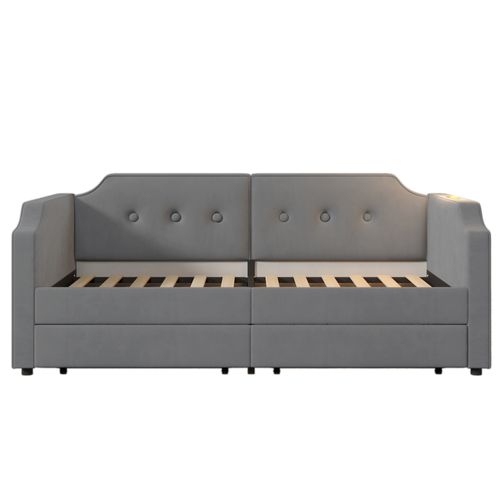 Lit 90x200cm,lit Simple,usb,type-c,2 Tiroirs,lampe De Lecture,velours,gris