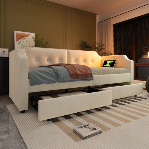 Lit 90x200cm,lit Simple,usb,type-c,2 Tiroirs,lampe De Lecture,velours,beige