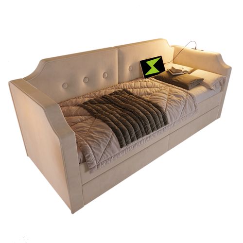 Lit 90x200cm,lit Simple,usb,type-c,2 Tiroirs,lampe De Lecture,velours,beige