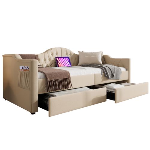 Lit 90x200cm,lit 1 Place,usb,type-c,2 Tiroirs,2 Poches Latérales,velours,beige