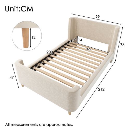 Lit Enfant,lit 90x200cm,lit 1 Place,tête De Lit,cadre De Lit,velours,beige