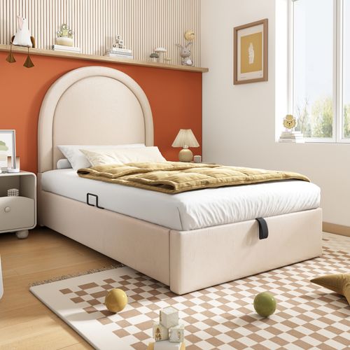 Lit 90x190cm,lit Enfant,lit Simple,lit Coffre,tête De Lit ,pu,beige