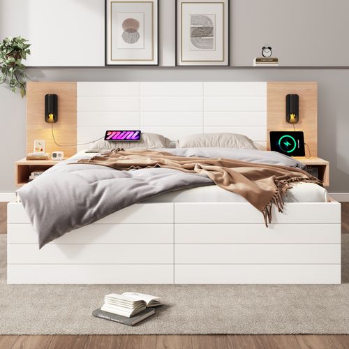 Lit 140x200cm,lit double,usb,2 tiroirs,lampe de lecture,2 tables de chevet,bois+mdf,blanc