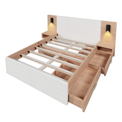 Lit 140x200cm,lit double,usb,2 tiroirs,lampe de lecture,2 tables de chevet,bois+mdf,blanc