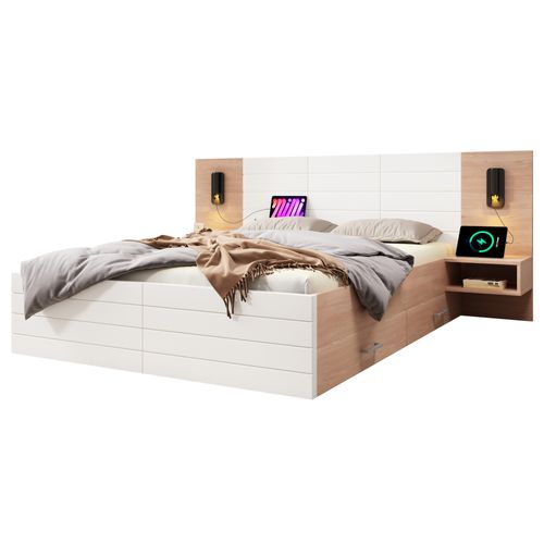 Lit 160x200cm,lit double,usb,2 tiroirs,lampe de lecture,2 tables de chevet,bois+mdf,blanc