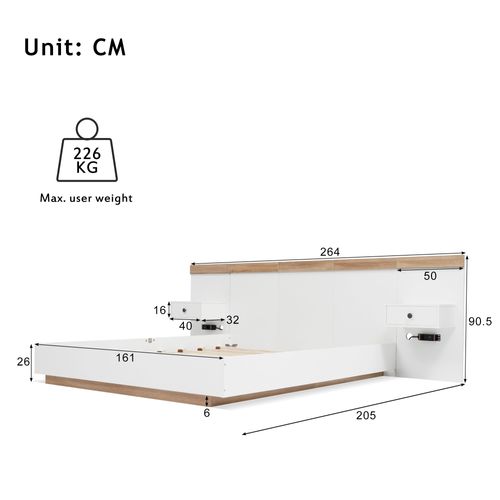 Lit 160x200cm,lit Double,2 Tables De Chevet,led,moderne,bois,blanc