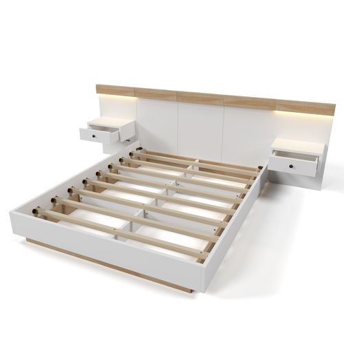 Lit 160x200cm,lit Double,2 Tables De Chevet,led,moderne,bois,blanc