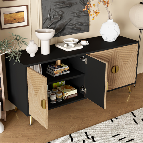 Buffet Bas,4 Portes,pied De Support,texture En Relief,moderne,mdf+aggloméré,noir+bois