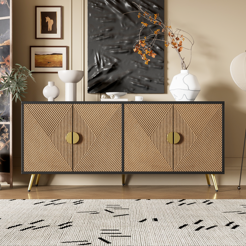 Buffet Bas,4 Portes,pied De Support,texture En Relief,moderne,mdf+aggloméré,noir+bois