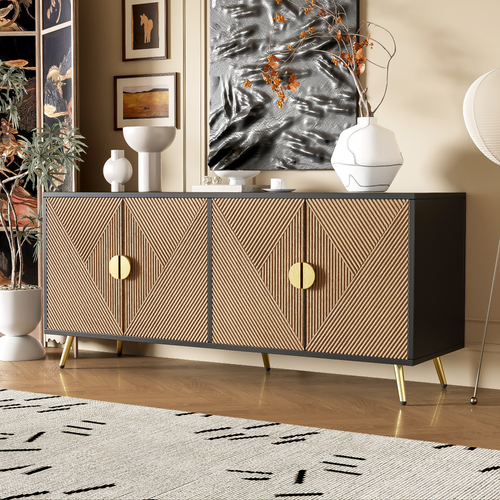Buffet Bas,4 Portes,pied De Support,texture En Relief,moderne,mdf+aggloméré,noir+bois
