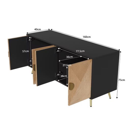 Buffet Bas,4 Portes,pied De Support,texture En Relief,moderne,mdf+aggloméré,noir+bois