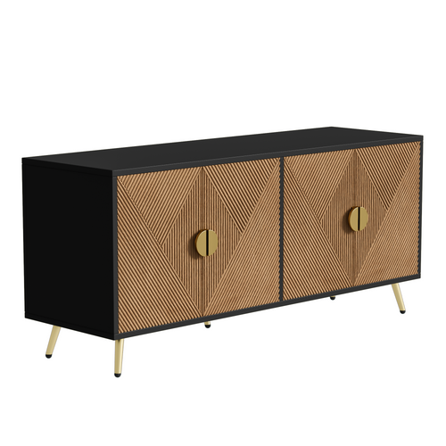 Buffet Bas,4 Portes,pied De Support,texture En Relief,moderne,mdf+aggloméré,noir+bois