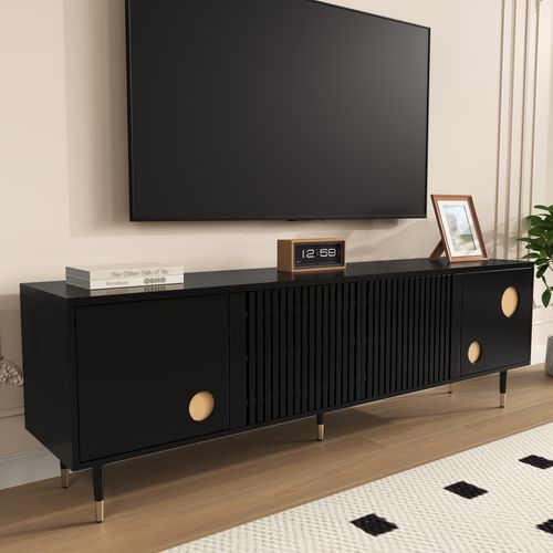 Meuble TV 170cm, 4 Portes, Pieds Réglables, moderne, passe-câble, mdf, noir