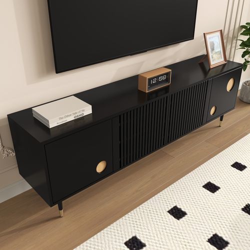 Meuble TV 170cm, 4 Portes, Pieds Réglables, moderne, passe-câble, mdf, noir