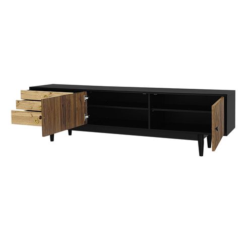 Meuble TV 180cm, 2portes, 3 Tiroirs, naturel, aggloméré+mdf, noir+bois