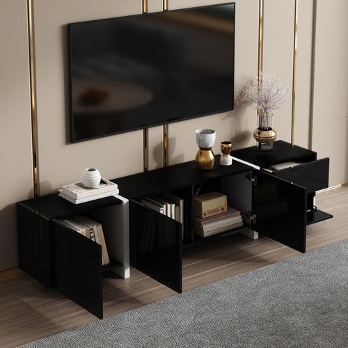 Meuble TV 170cm, 4 Portes, 1 Tiroir, passe-câble, led, aggloméré, noir+blanc