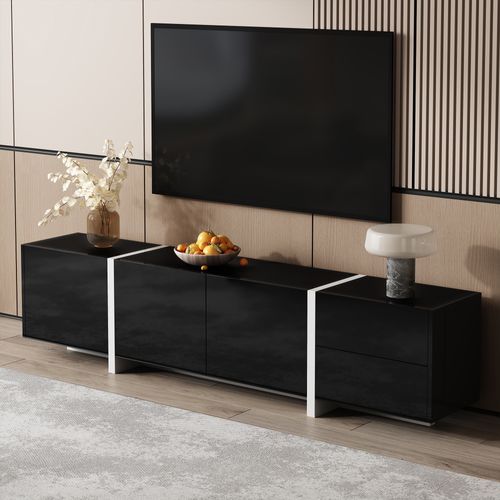 Meuble TV 170cm, 4 Portes, 1 Tiroir, passe-câble, led, aggloméré, noir+blanc